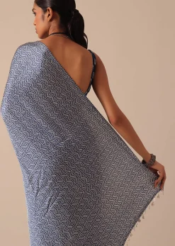 Blue Printed Saree In Satin With Tassel Detail And Unstitched Blouse Fabric