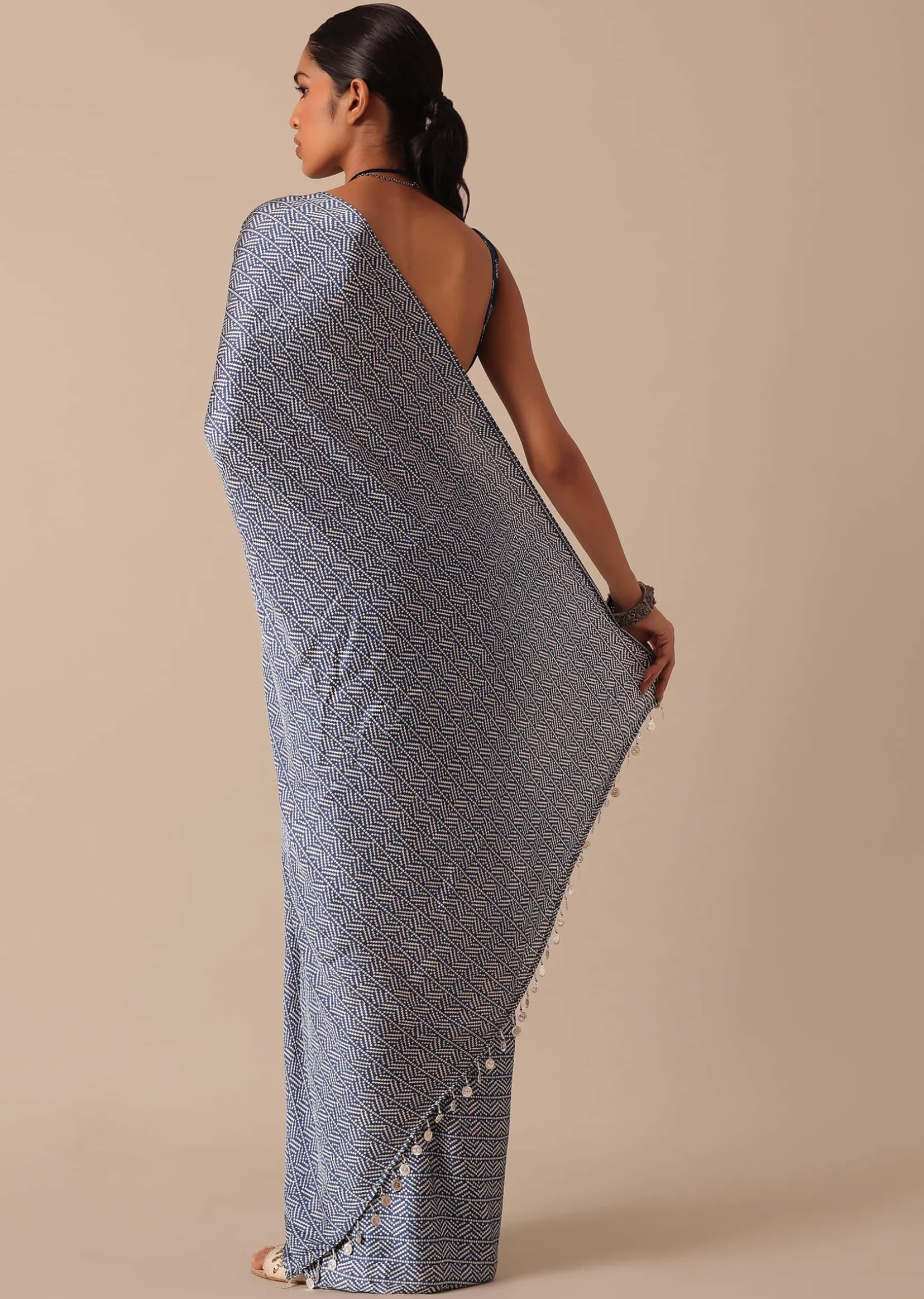 Blue Printed Saree In Satin With Tassel Detail And Unstitched Blouse Fabric