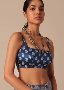 Blue Printed Saree In Satin With Tassel Detail And Unstitched Blouse Fabric