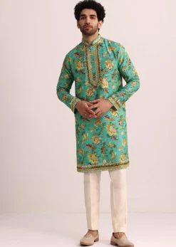 Blue Printed Silk Kurta Set Wth Mirror Work