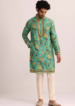 Blue Printed Silk Kurta Set Wth Mirror Work