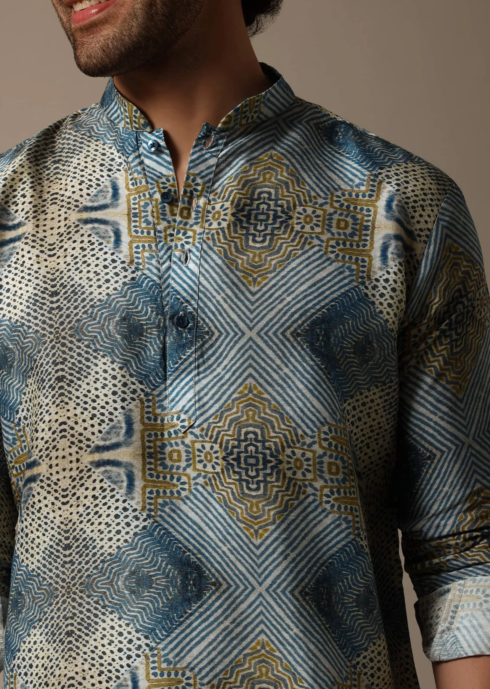 Blue Printed Silk Short Kurta Set For Men