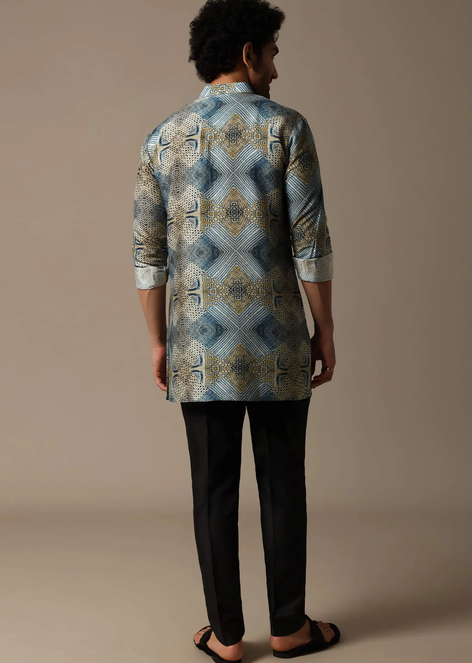 Blue Printed Silk Short Kurta Set For Men
