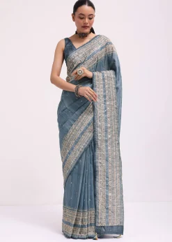 Blue Printed Tussar Silk Embroidered Saree With Unstitched Blouse