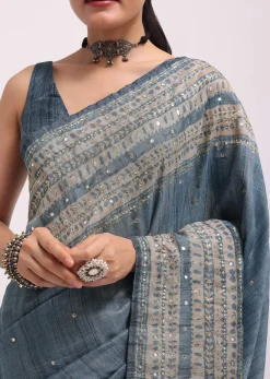Blue Printed Tussar Silk Embroidered Saree With Unstitched Blouse