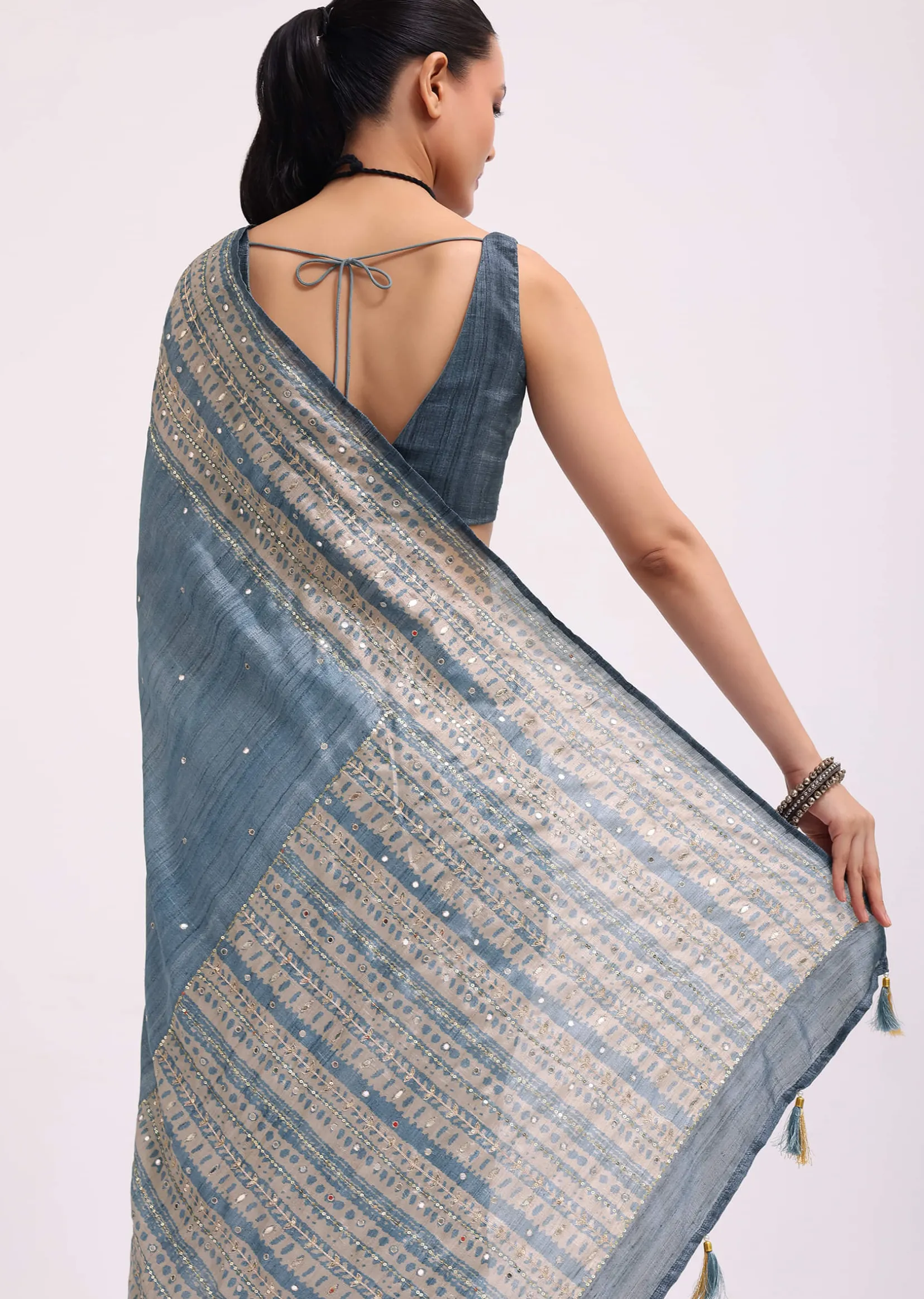 Blue Printed Tussar Silk Embroidered Saree With Unstitched Blouse