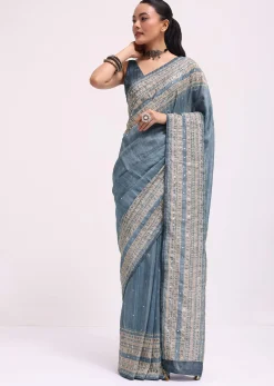 Blue Printed Tussar Silk Embroidered Saree With Unstitched Blouse