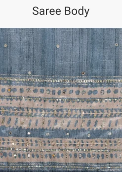 Blue Printed Tussar Silk Embroidered Saree With Unstitched Blouse