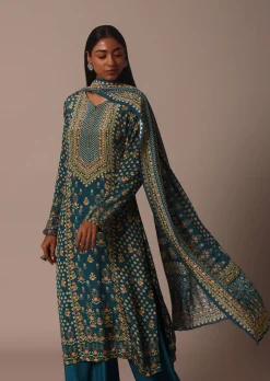 Blue Printed With Stone Detail Kurta Palazzo Set
