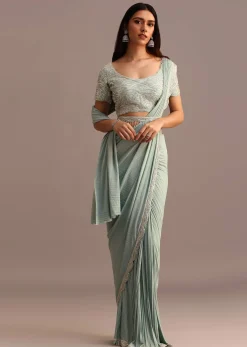 Blue Readymade Saree With Embroidered Blouse
