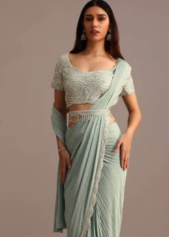 Blue Readymade Saree With Embroidered Blouse