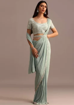 Blue Readymade Saree With Embroidered Blouse