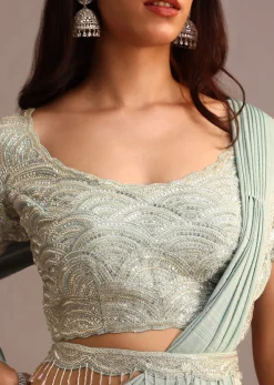 Blue Readymade Saree With Embroidered Blouse