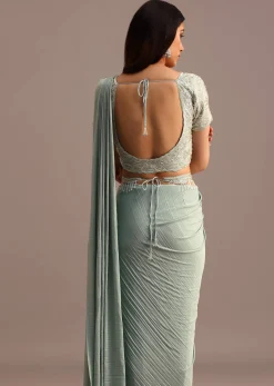 Blue Readymade Saree With Embroidered Blouse