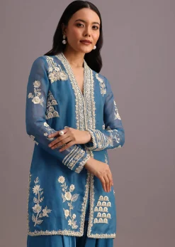Blue Resham Work Kurti Palazzo Suit