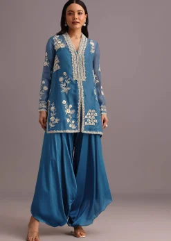 Blue Resham Work Kurti Palazzo Suit