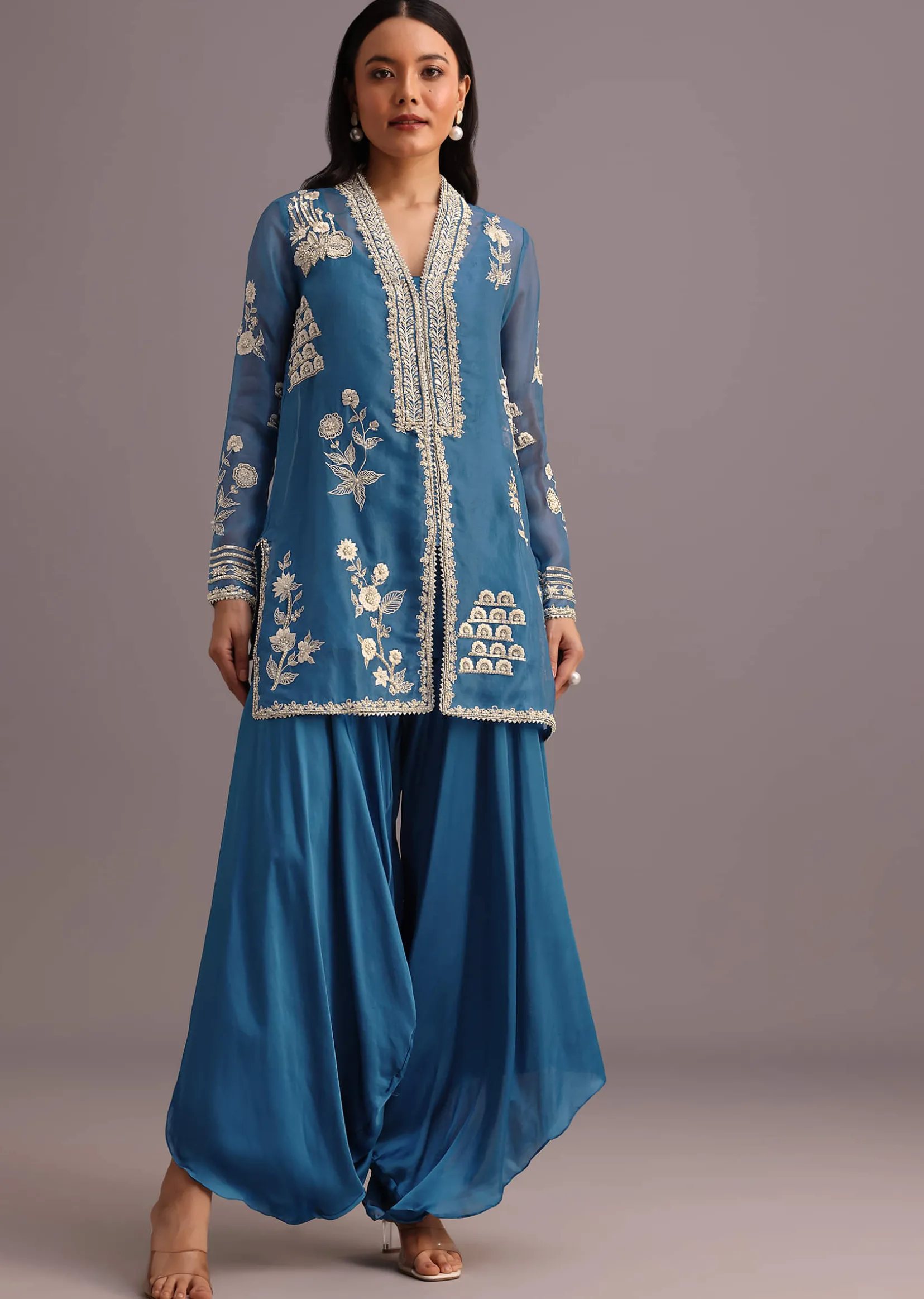 Blue Resham Work Kurti Palazzo Suit