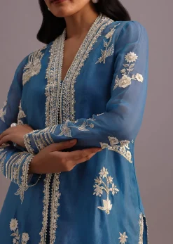 Blue Resham Work Kurti Palazzo Suit