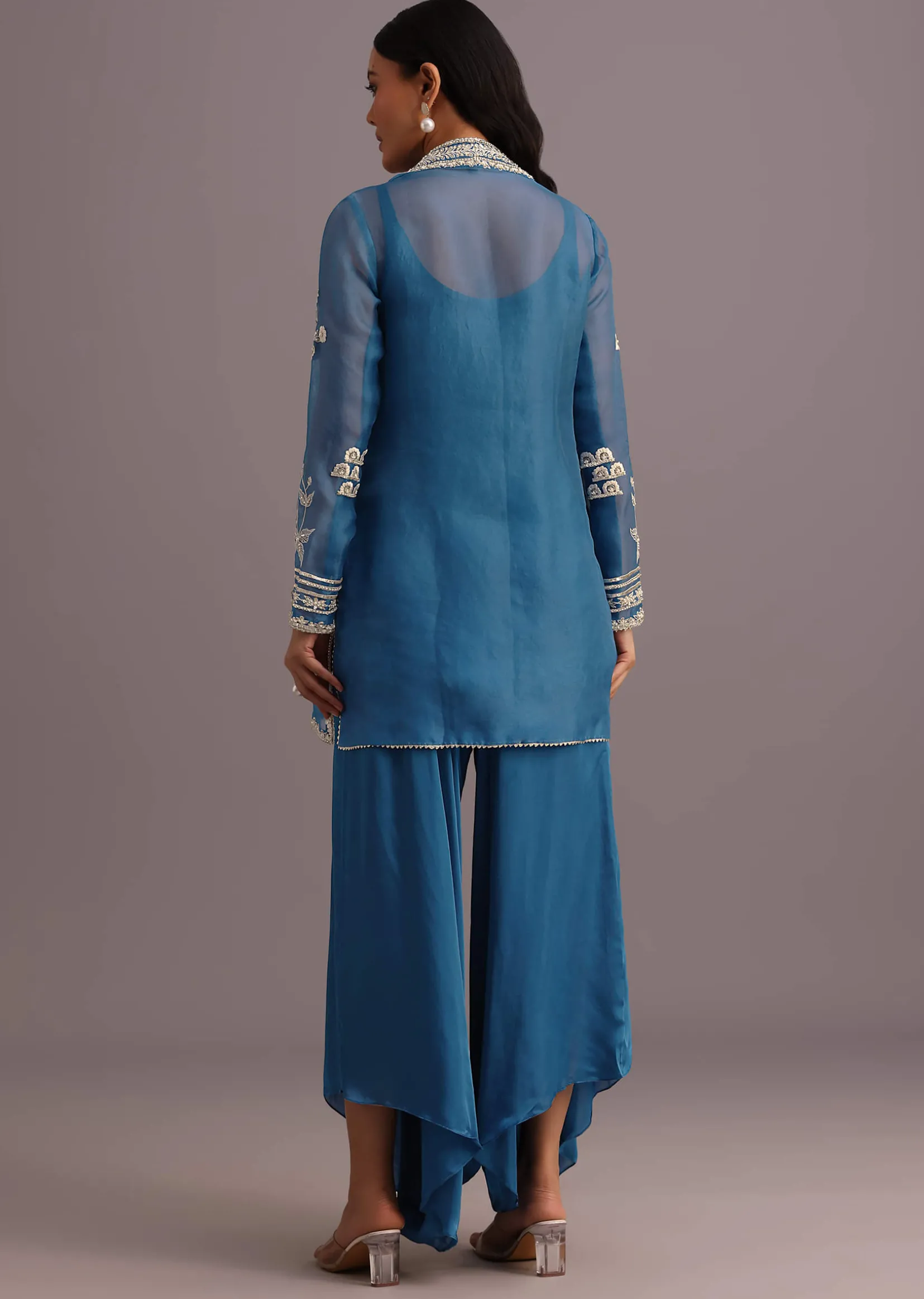 Blue Resham Work Kurti Palazzo Suit