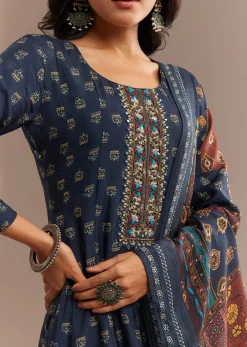Blue Roman Silk Printed Anarkali Set