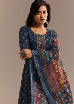 Blue Roman Silk Printed Anarkali Set