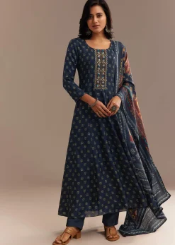 Blue Roman Silk Printed Anarkali Set