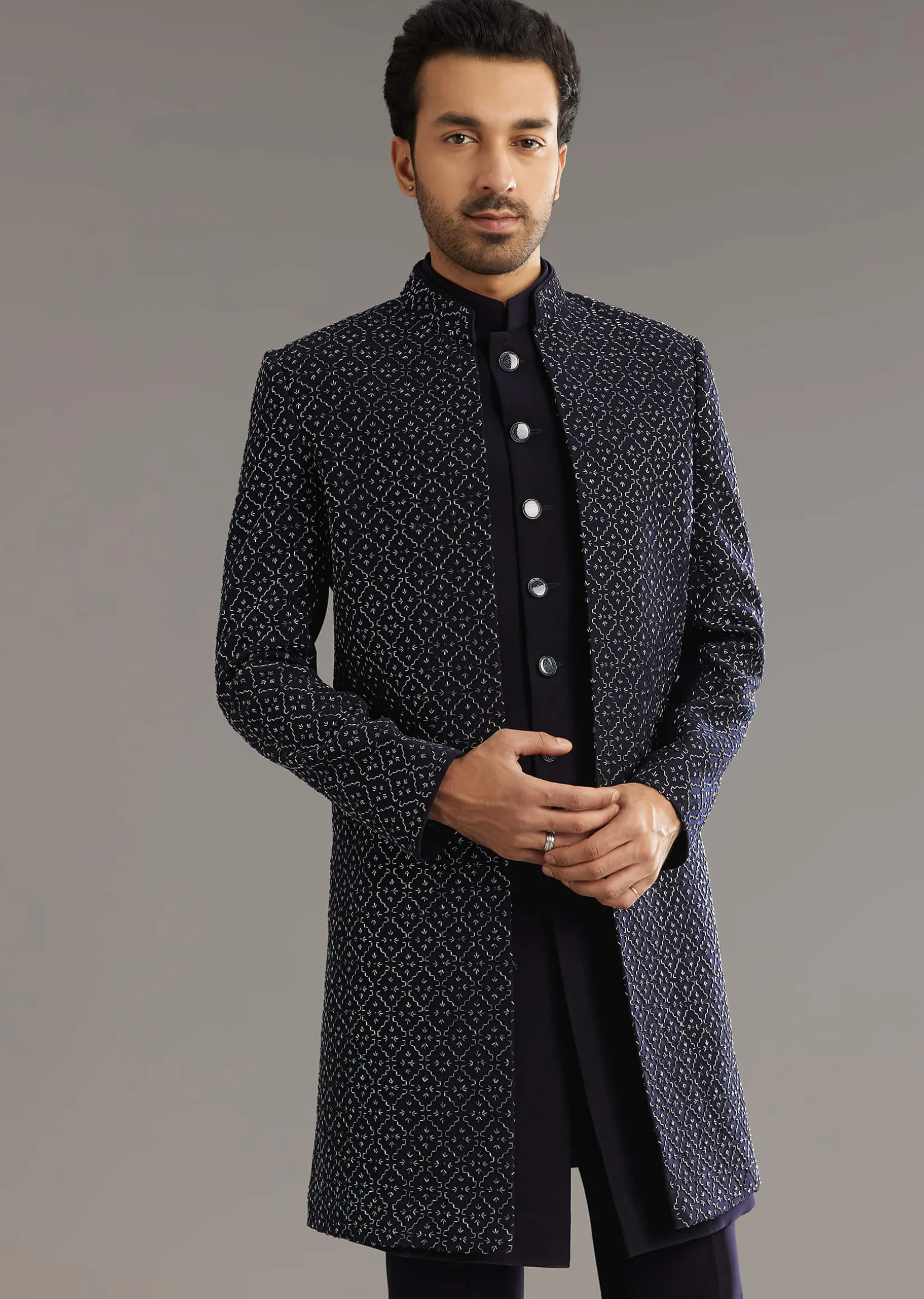 Blue Salli And Diamond Embellished Indo Western Set In Suiting Fabric