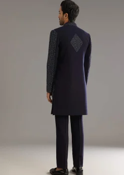 Blue Salli And Diamond Embellished Indo Western Set In Suiting Fabric