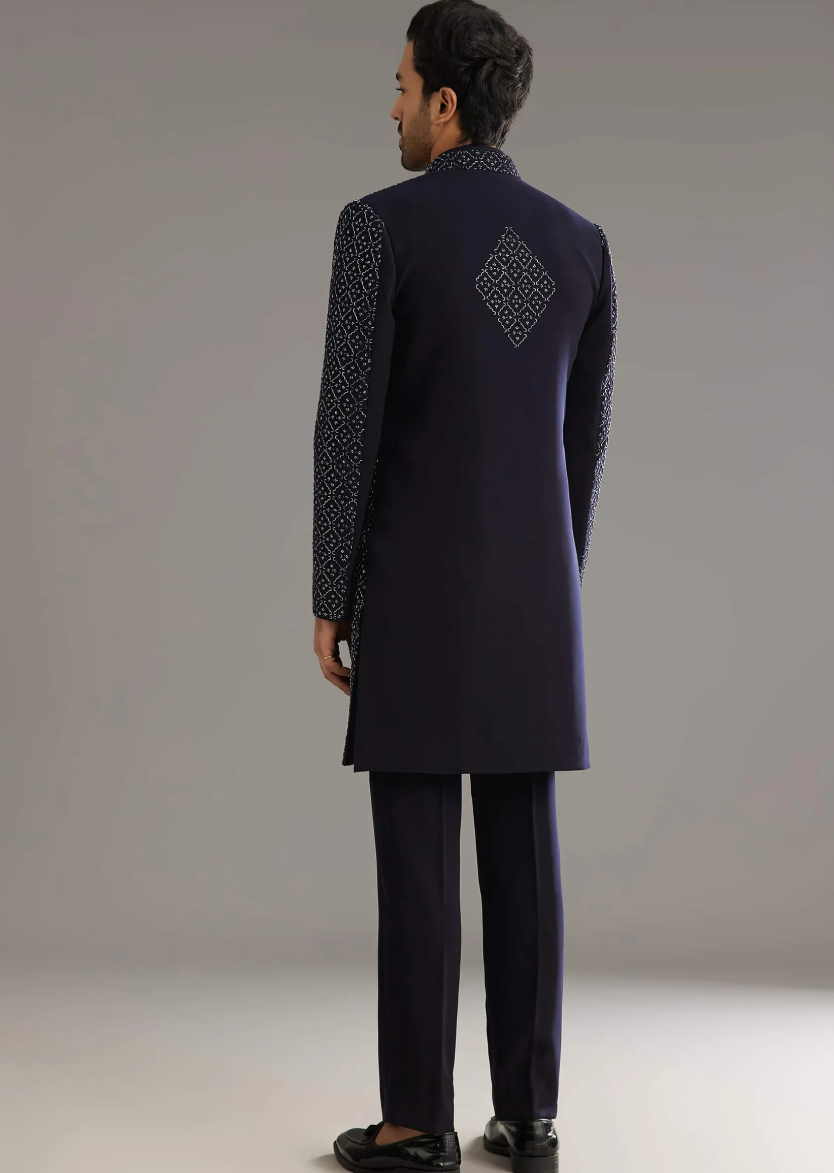 Blue Salli And Diamond Embellished Indo Western Set In Suiting Fabric