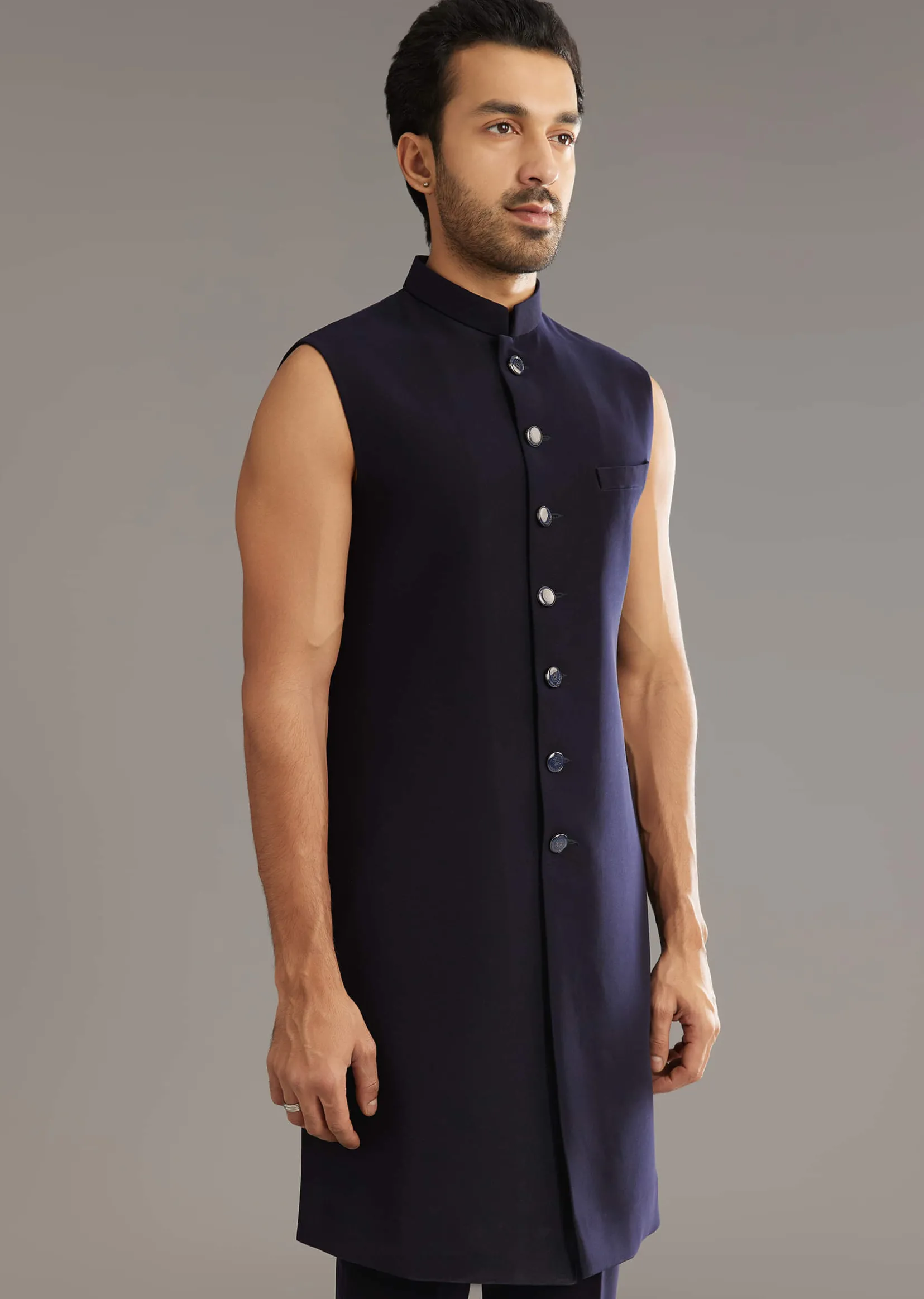 Blue Salli And Diamond Embellished Indo Western Set In Suiting Fabric