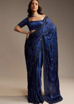 Blue Satin Chinon Saree with Heavy Jaal Embroidery