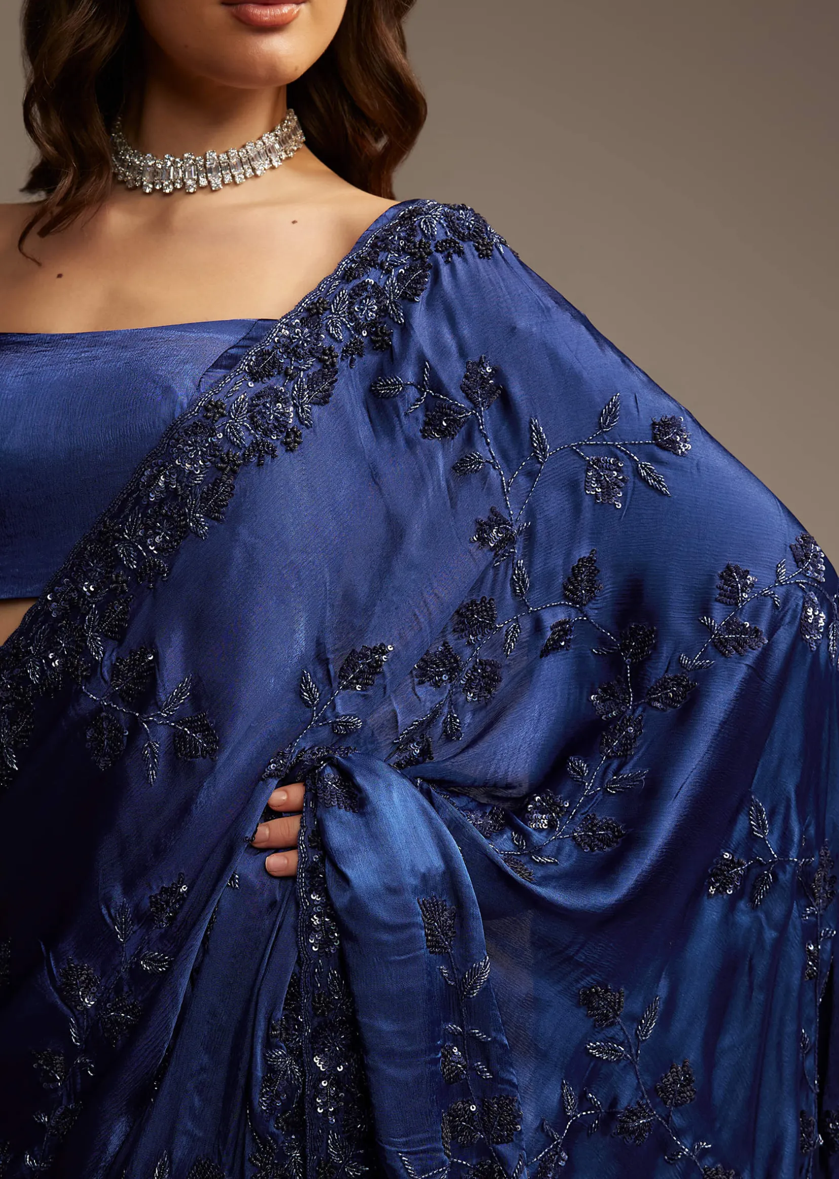Blue Satin Chinon Saree with Heavy Jaal Embroidery