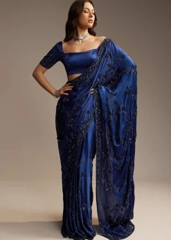 Blue Satin Chinon Saree with Heavy Jaal Embroidery