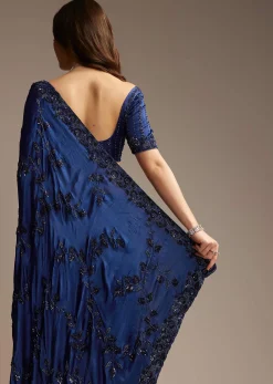 Blue Satin Chinon Saree with Heavy Jaal Embroidery