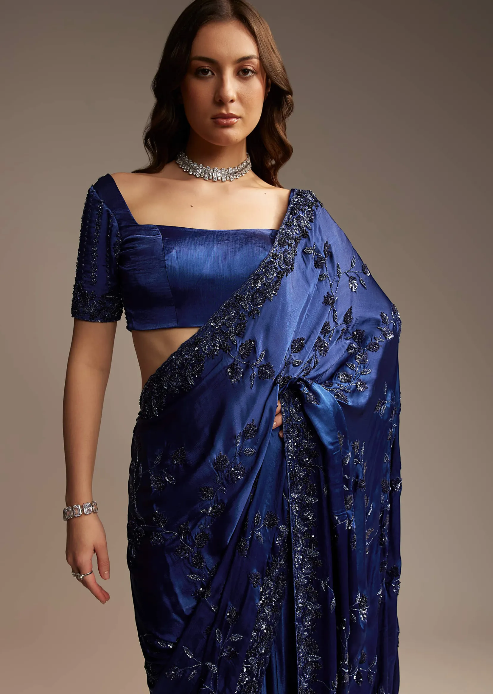 Blue Satin Chinon Saree with Heavy Jaal Embroidery