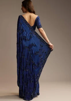 Blue Satin Chinon Saree with Heavy Jaal Embroidery