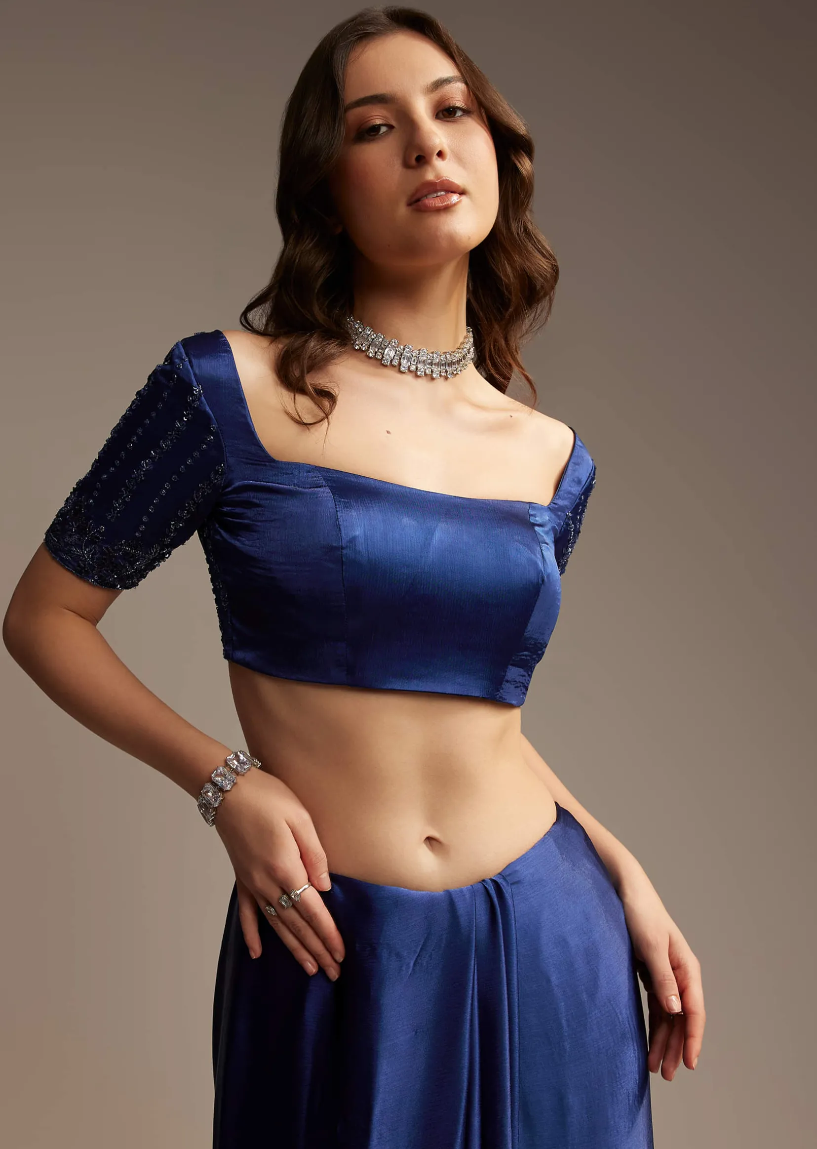 Blue Satin Chinon Saree with Heavy Jaal Embroidery