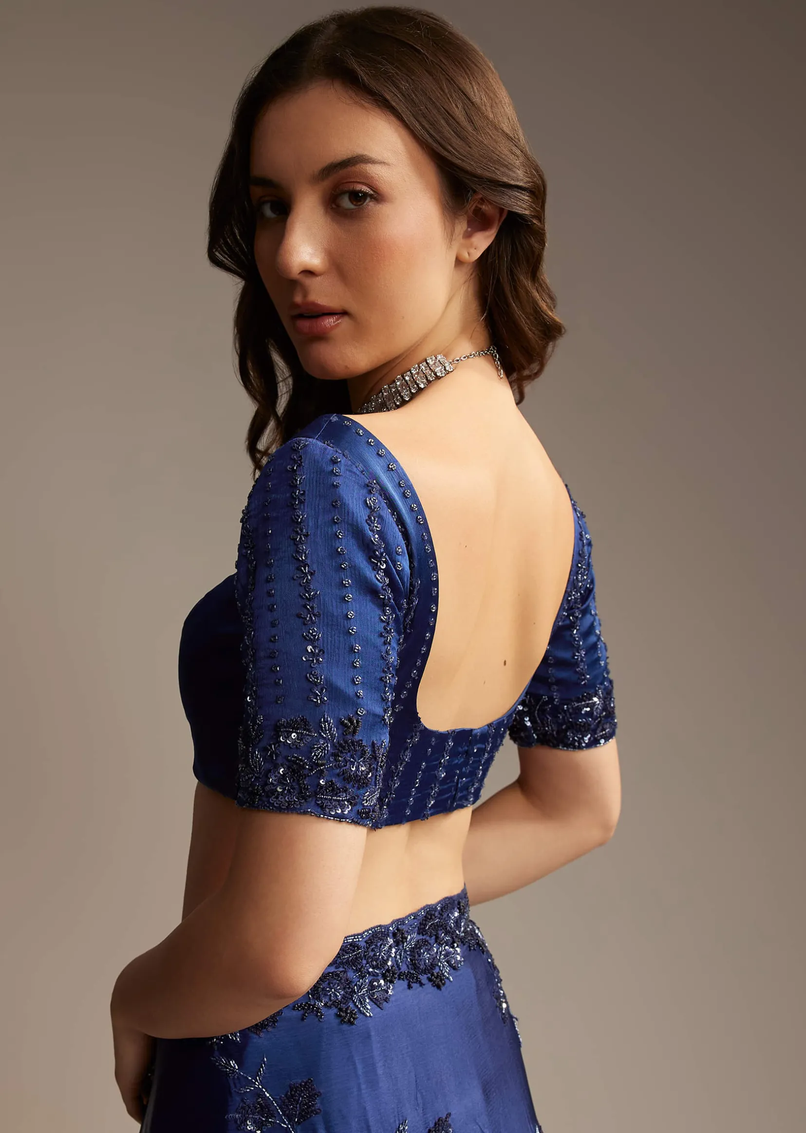 Blue Satin Chinon Saree with Heavy Jaal Embroidery
