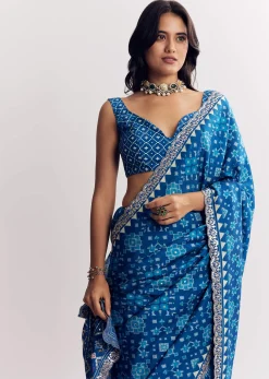 Blue Satin Ikat Printed Saree With Gota And Mirror Embroidery