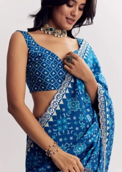 Blue Satin Ikat Printed Saree With Gota And Mirror Embroidery