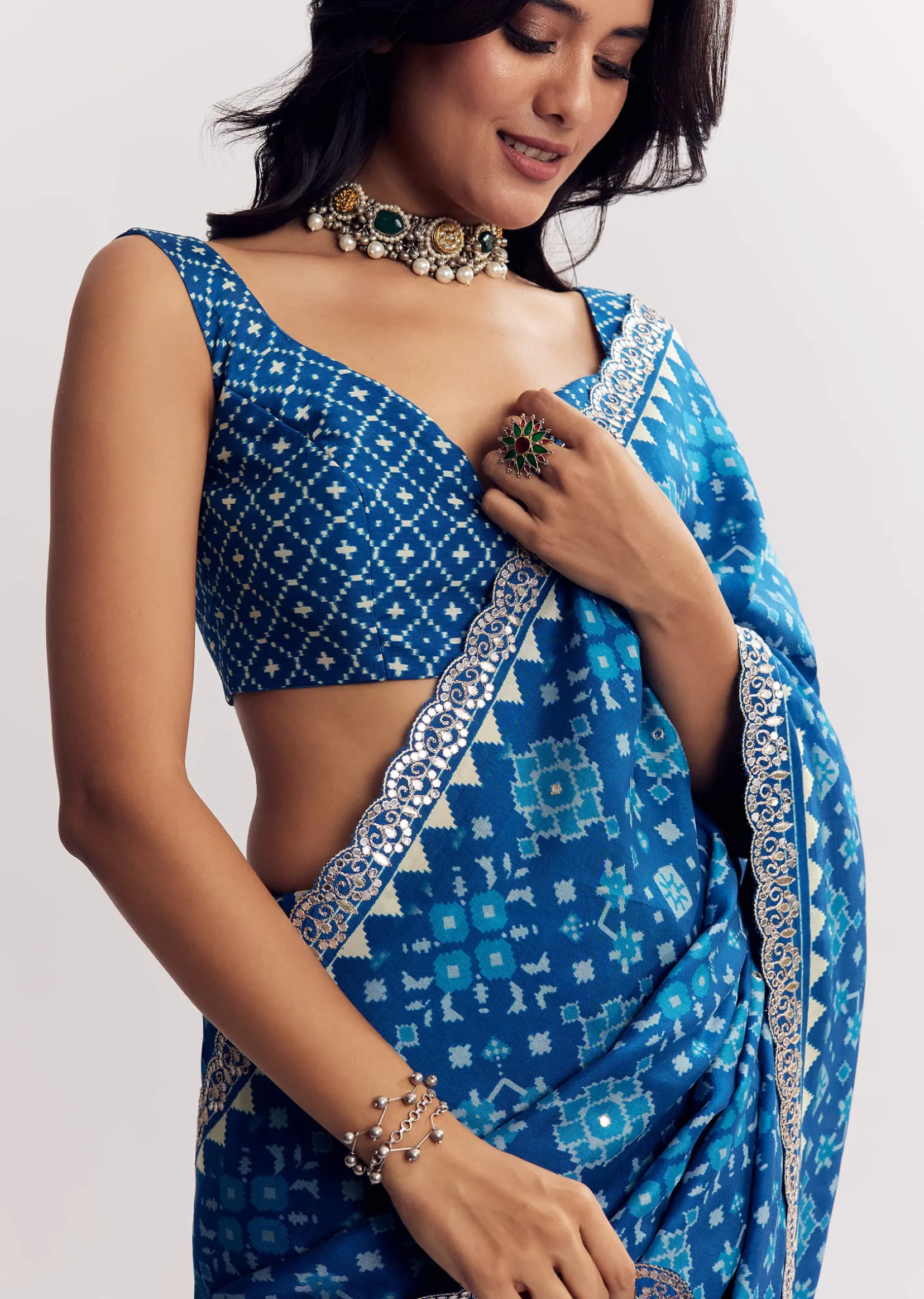 Blue Satin Ikat Printed Saree With Gota And Mirror Embroidery