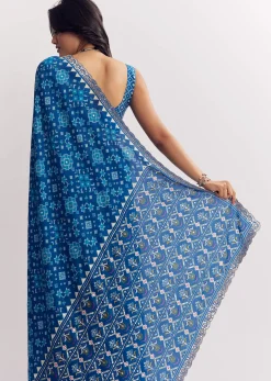 Blue Satin Ikat Printed Saree With Gota And Mirror Embroidery