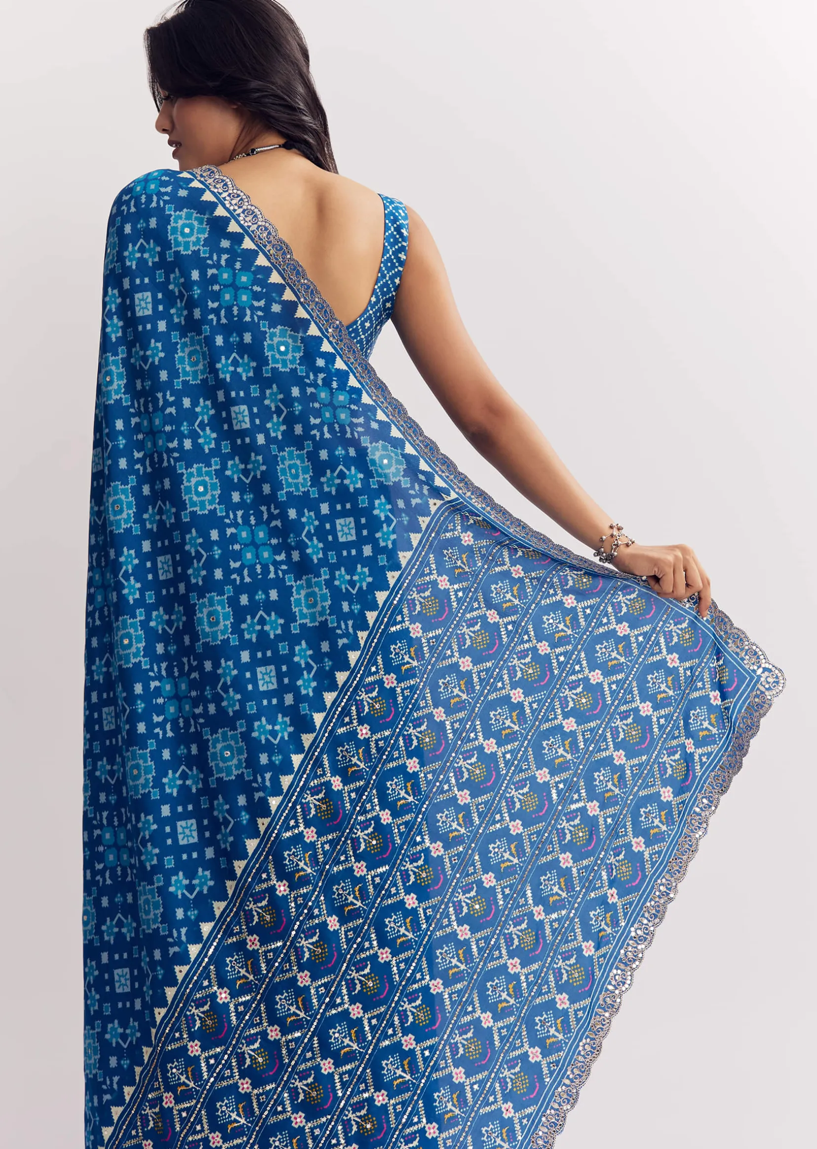 Blue Satin Ikat Printed Saree With Gota And Mirror Embroidery