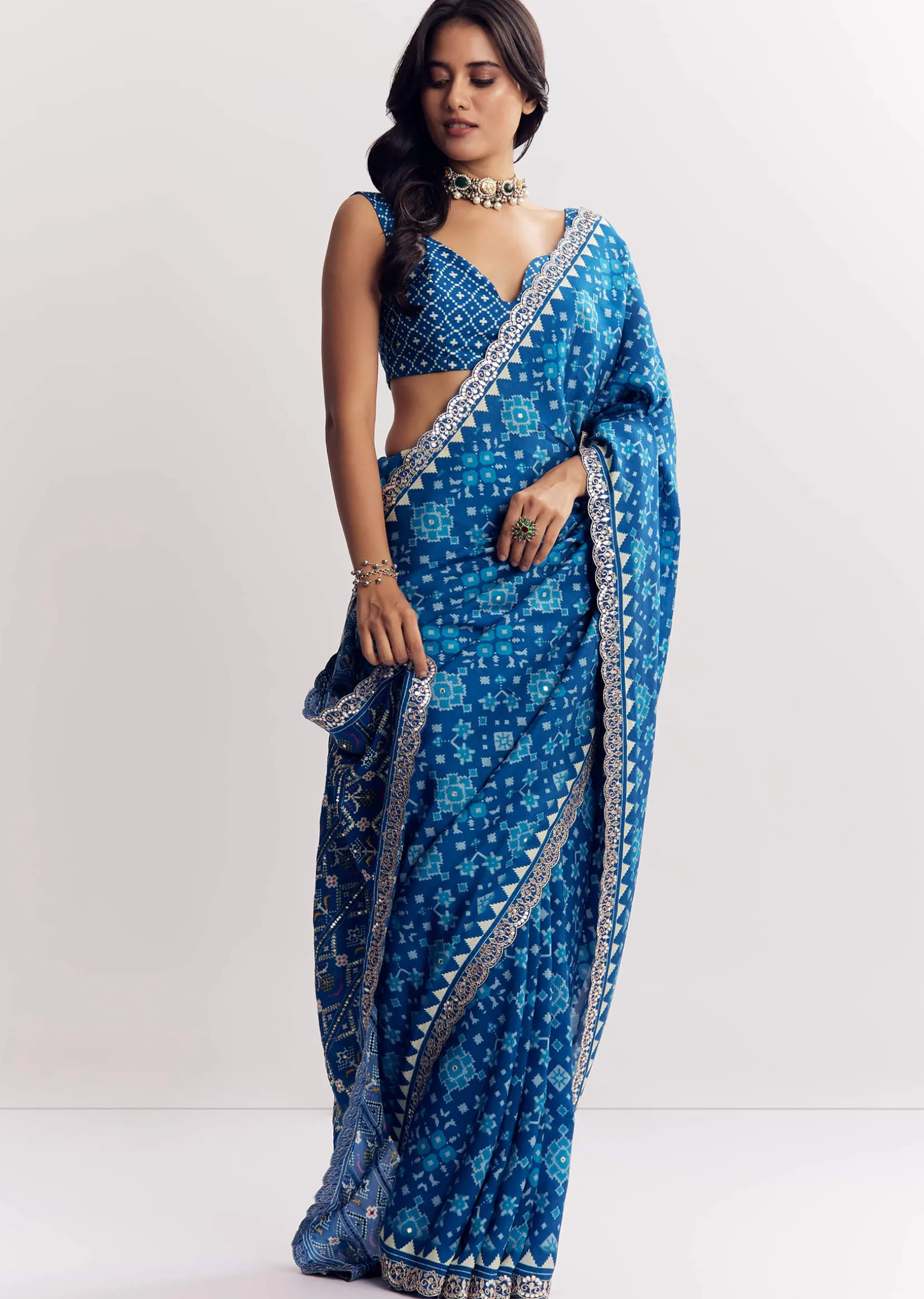 Blue Satin Ikat Printed Saree With Gota And Mirror Embroidery