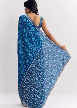 Blue Satin Ikat Printed Saree With Gota And Mirror Embroidery