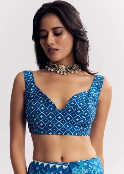 Blue Satin Ikat Printed Saree With Gota And Mirror Embroidery