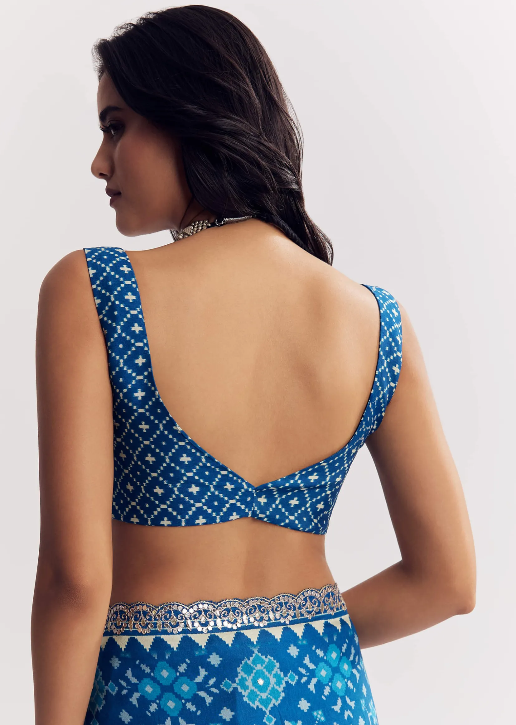 Blue Satin Ikat Printed Saree With Gota And Mirror Embroidery