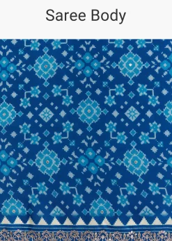 Blue Satin Ikat Printed Saree With Gota And Mirror Embroidery