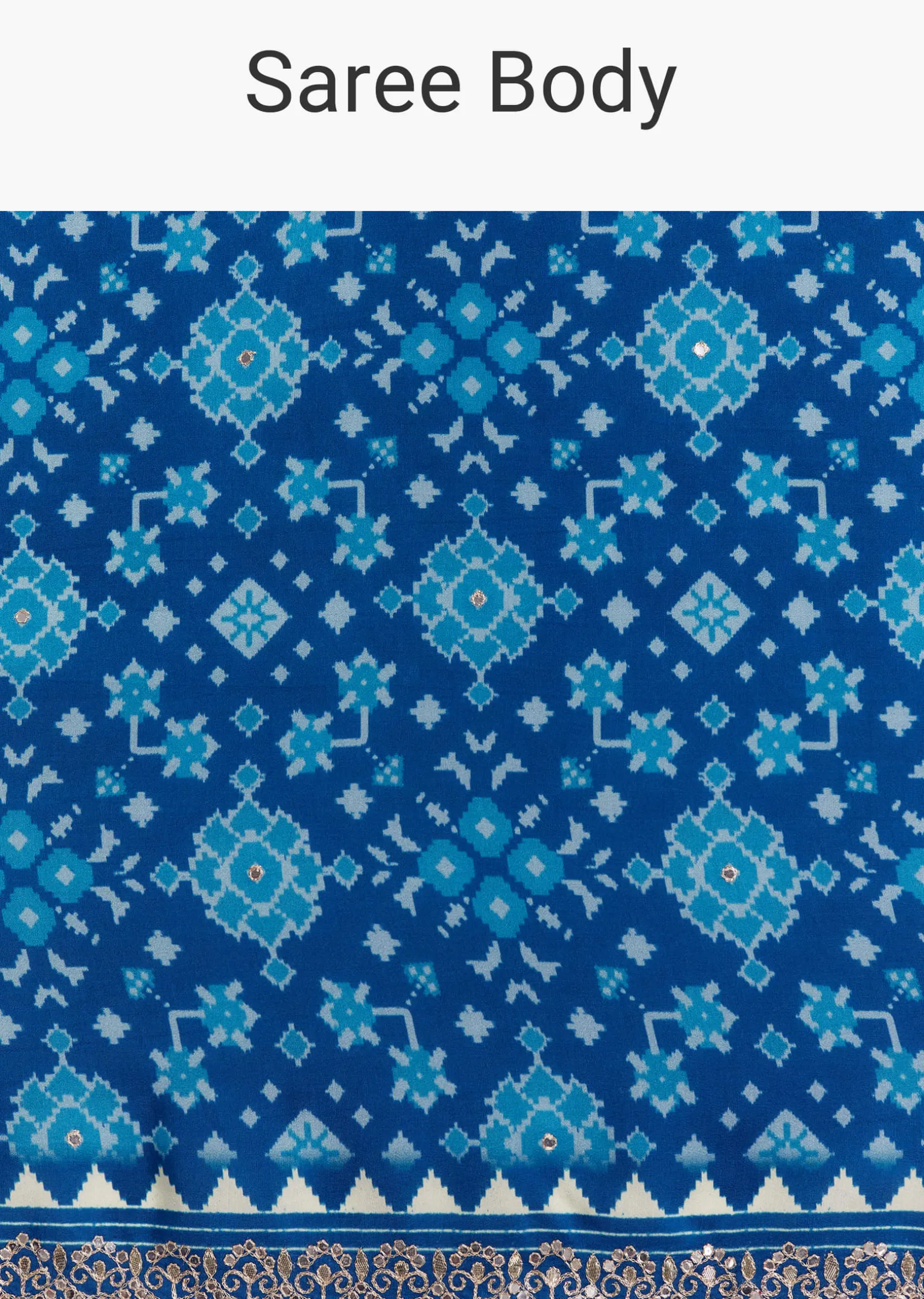 Blue Satin Ikat Printed Saree With Gota And Mirror Embroidery