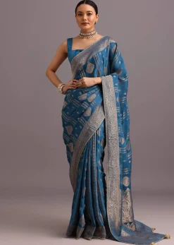 Blue Satin Silk Zari Woven Saree With Brocade Border